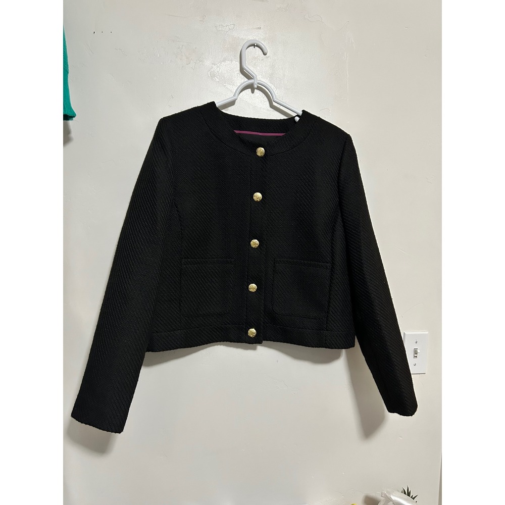 J. Crew Black‎ lady jacket Textured Cropped Gold Button Round Neck Size 14